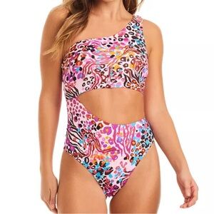 Jessica Simpson Pink Multicolor One-Shoulder Cutout One-Piece Swimsuit